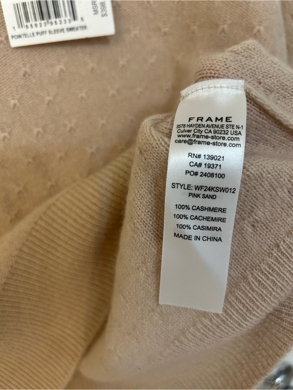 Frame Puff Sleeve Pointelle Cashmere Sweater in Pink Sand Size L - Picture 9 of 10